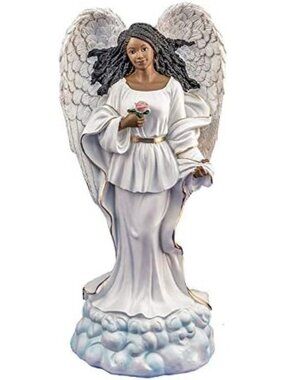 Ebony Treasures African American Angel Figurine With Wings Holding Rose On Cloud